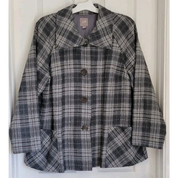 J Jill Size XL Plaid Coat Button Up Jacket Wool Blend Grey /Brown Front Pockets - Picture 1 of 7